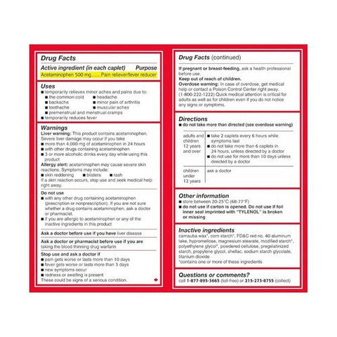 Tylenol, Extra Strength Acetaminophen Caplets, 500 Mg, 100 Each