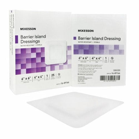 McKesson, Composite Barrier Island Dressing Water Resistant McKesson 6 X 6 Inch Polypropylene / Rayon 4 X 4 In, Case Of 4 McKesson