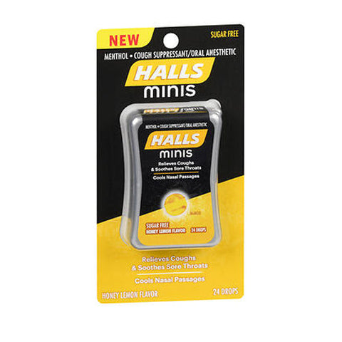 Halls, Minis Cough Suppressant Oral Anesthetic Drops Sugar Free Honey Lemon, 24 Drops Halls