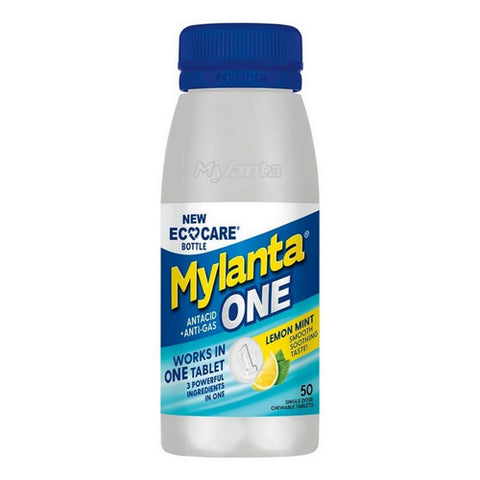 Mylanta, One Antacid + Anti-Gas Chewable Tablets Lemon Mint, 50 Count Mylanta
