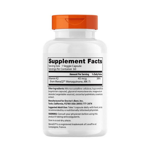 Doctors Best, Natural Vitamin K2 MK-7 With MenaQ7, 45 Mcg, 60 Veggie Caps Doctors Best